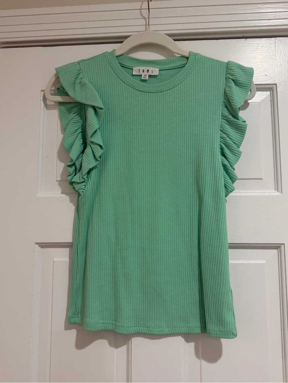 THML Mint Green Ribbed Ruffle Sleeve Tank
